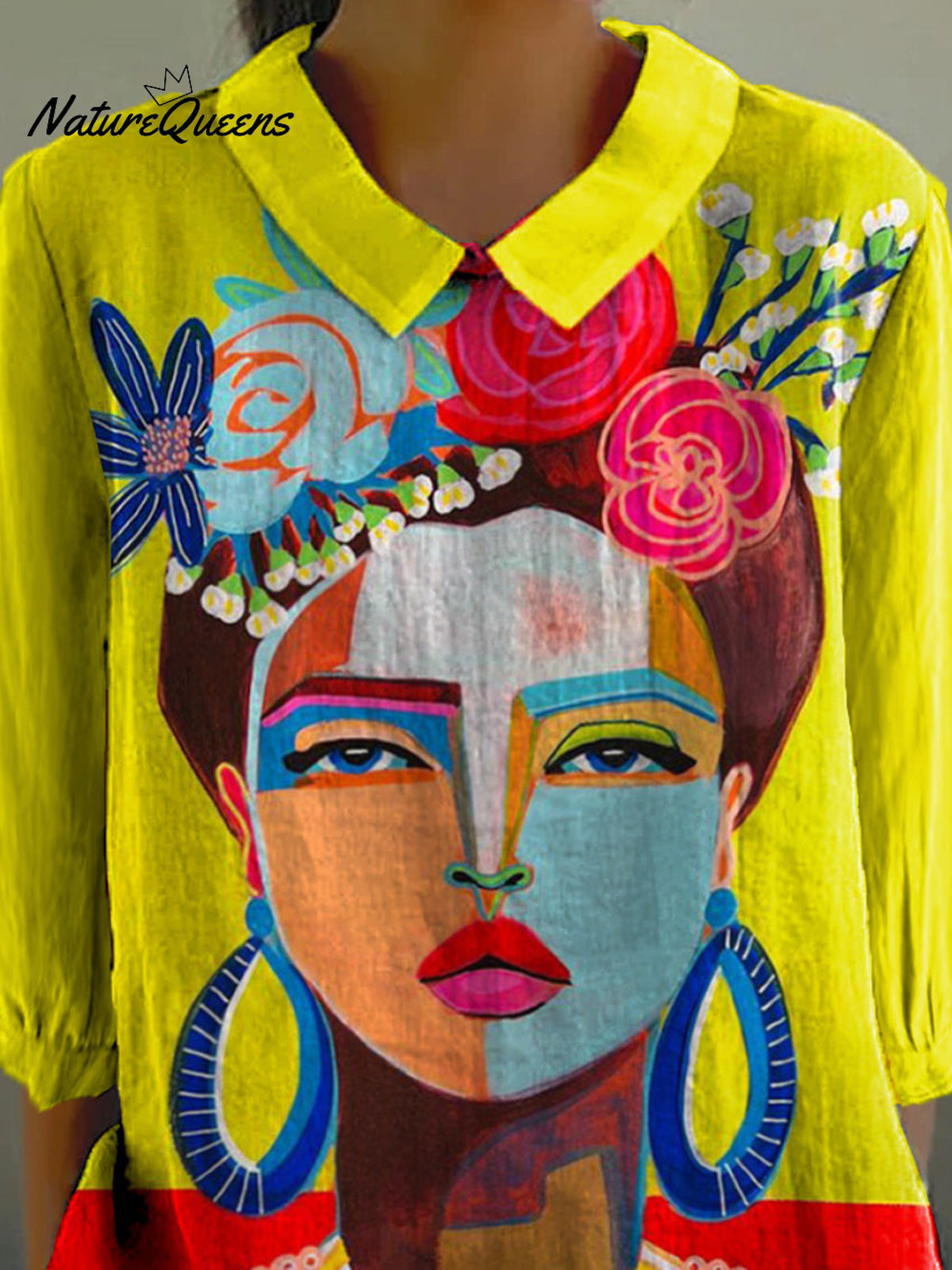 Oil Painting Freda Portrait Art Printed Women's Casual Cotton And Linen 3/4 Sleeve Shirt