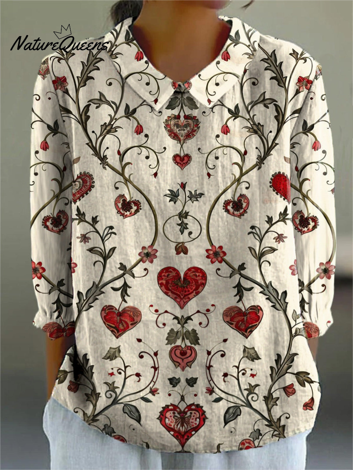 Vintage Heart Symmetrical Pattern Printed Women's Casual Cotton And Linen 3/4 Sleeve Shirt