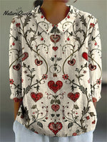Vintage Heart Symmetrical Pattern Printed Women's Casual Cotton And Linen 3/4 Sleeve Shirt