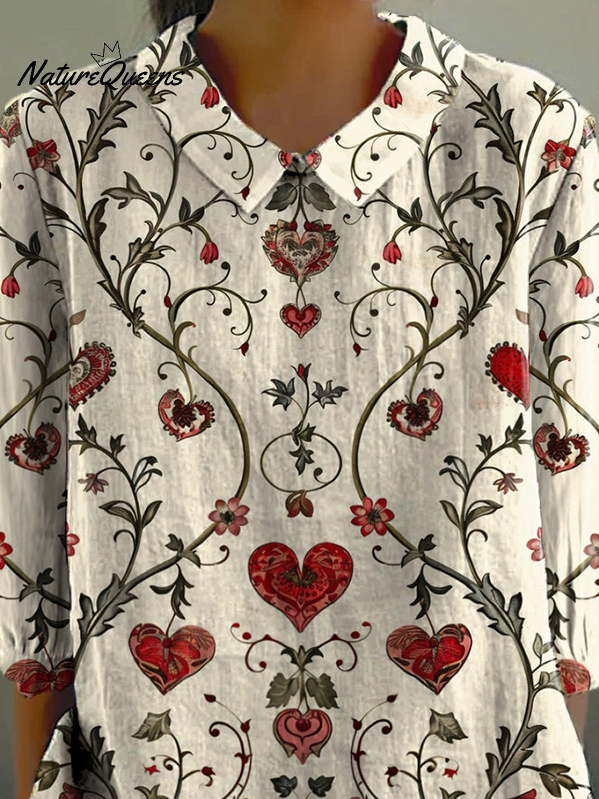Vintage Heart Symmetrical Pattern Printed Women's Casual Cotton And Linen 3/4 Sleeve Shirt