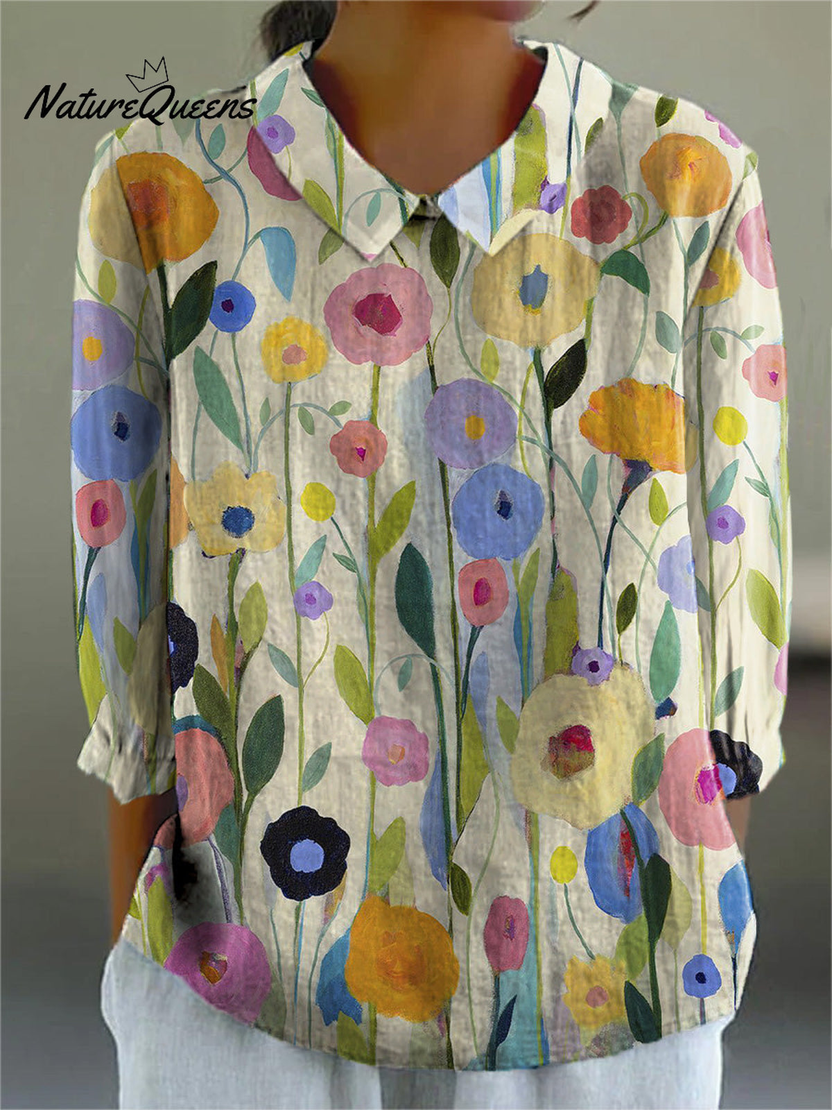 Oil Painting Spring Field Art Printed Women's Casual Cotton And Linen 3/4 Sleeve Shirt