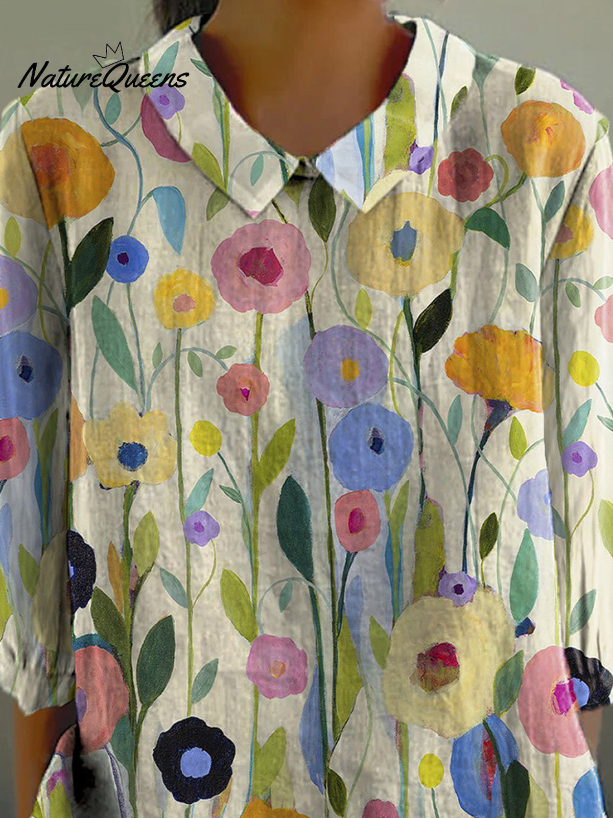 Oil Painting Spring Field Art Printed Women's Casual Cotton And Linen 3/4 Sleeve Shirt