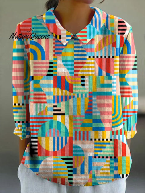 Vibrant Abstract Geometric Pattern Printed Women's Casual Cotton And Linen 3/4 Sleeve Shirt