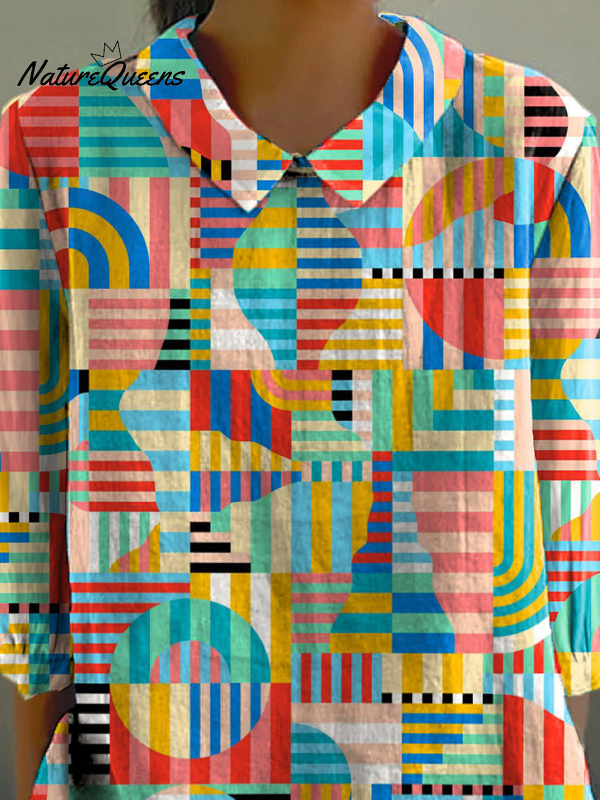 Vibrant Abstract Geometric Pattern Printed Women's Casual Cotton And Linen 3/4 Sleeve Shirt
