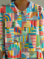 Vibrant Abstract Geometric Pattern Printed Women's Casual Cotton And Linen 3/4 Sleeve Shirt