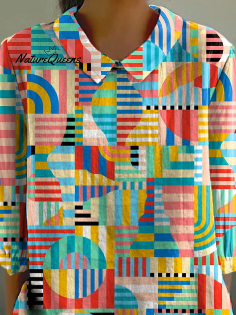 Vibrant Abstract Geometric Pattern Printed Women's Casual Cotton And Linen 3/4 Sleeve Shirt