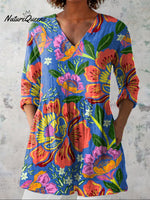 Summer Tropical Floral Pattern Printed Women's Casual Linen V-Neck Shirt