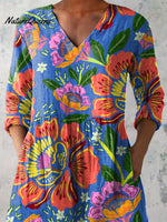 Summer Tropical Floral Pattern Printed Women's Casual Linen V-Neck Shirt
