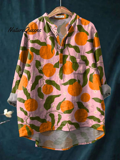 Summer Orange Pattern Printed Women's Casual Long Sleeve Comfortable Cotton Shirt