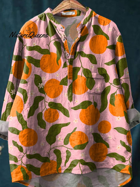 Summer Orange Pattern Printed Women's Casual Long Sleeve Comfortable Cotton Shirt