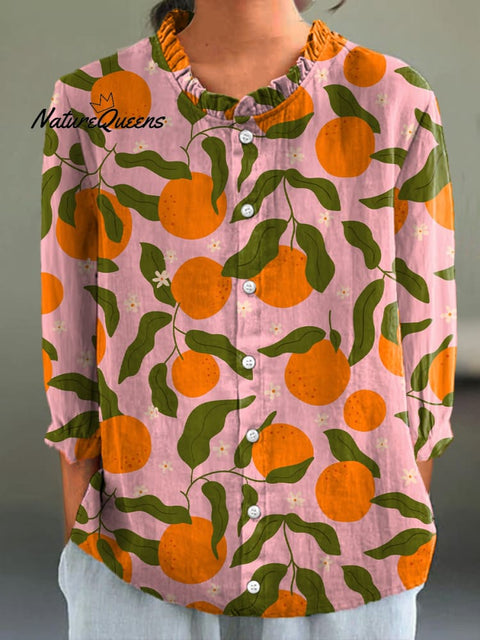 Summer Orange Pattern Printed Women's Casual Cotton And Linen 3/4 Sleeve Shirt