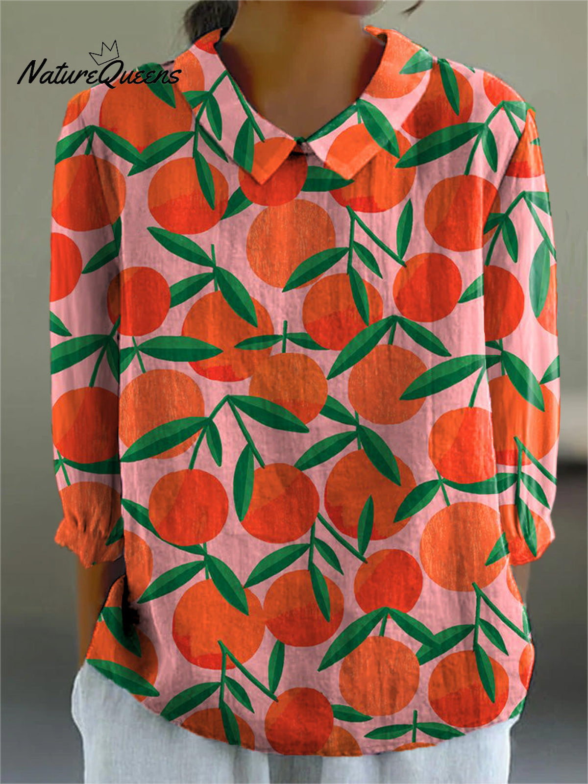 Summer Tangerine Fruit Pattern Printed Women's Casual Cotton And Linen 3/4 Sleeve Shirt