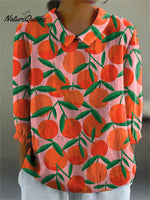 Summer Tangerine Fruit Pattern Printed Women's Casual Cotton And Linen 3/4 Sleeve Shirt
