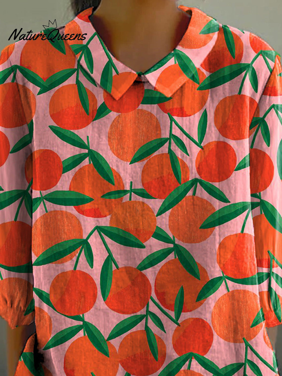 Summer Tangerine Fruit Pattern Printed Women's Casual Cotton And Linen 3/4 Sleeve Shirt