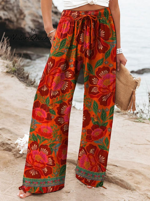 Ethnic Style Summer Floral Pattern Printed Women's Cotton And Linen Casual Pants