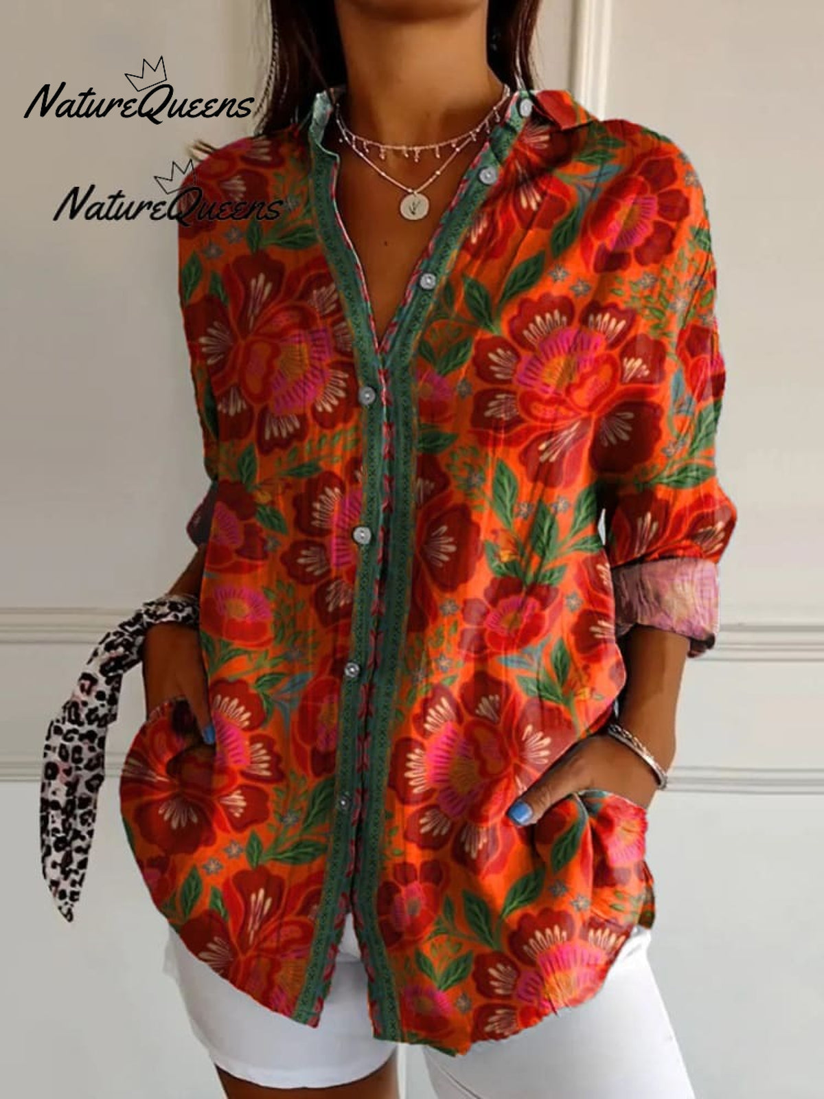 Ethnic Style Summer Floral Pattern Printed Women's Casual Linen V-Neck Shirt