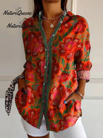 Ethnic Style Summer Floral Pattern Printed Women's Casual Linen V-Neck Shirt