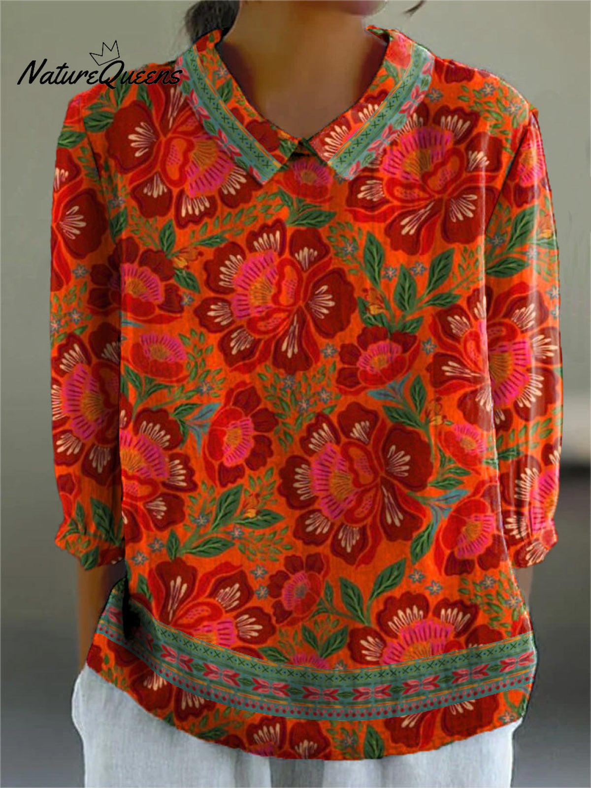 Ethnic Style Summer Floral Pattern Printed Women's Casual Cotton And Linen 3/4 Sleeve Shirt