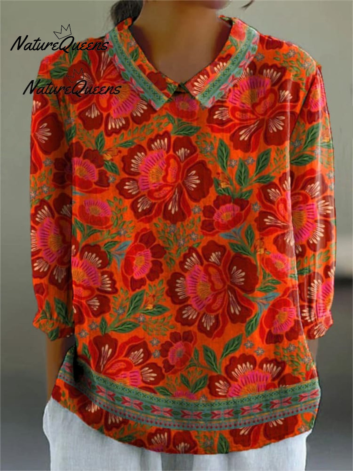 Ethnic Style Summer Floral Pattern Printed Women's Casual Linen V-Neck Shirt