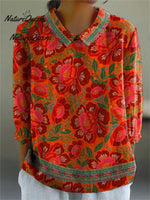 Ethnic Style Summer Floral Pattern Printed Women's Casual Linen V-Neck Shirt
