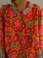 Ethnic Style Summer Floral Pattern Printed Women's Casual Cotton And Linen 3/4 Sleeve Shirt