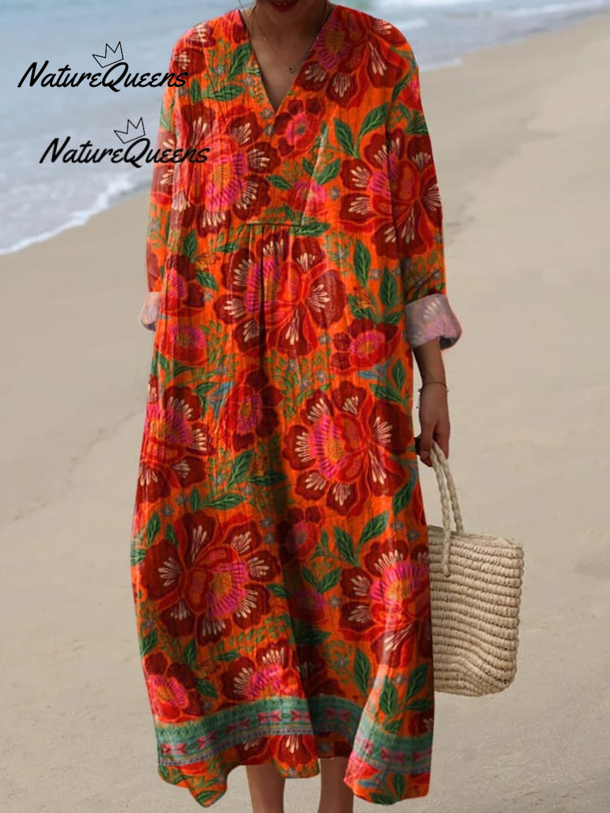 Ethnic Style Summer Floral Pattern Printed Women's Casual Linen V-Neck Shirt