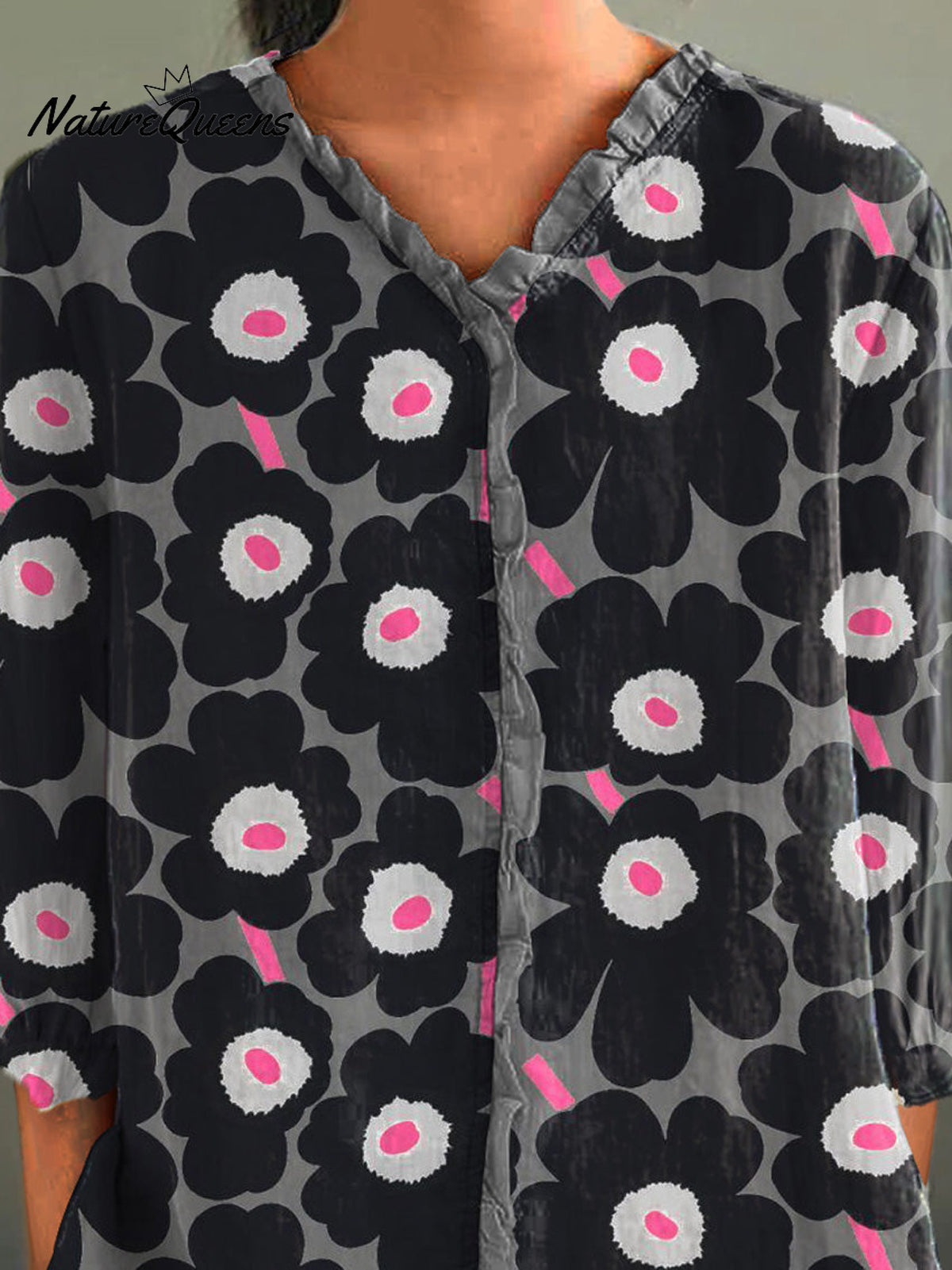 Lovely Floral Pattern Printed Women's Casual Cotton And Linen 3/4 Sleeve Shirt