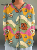 Lovely Summer Floral Pattern Printed Women's Casual Cotton And Linen 3/4 Sleeve Shirt