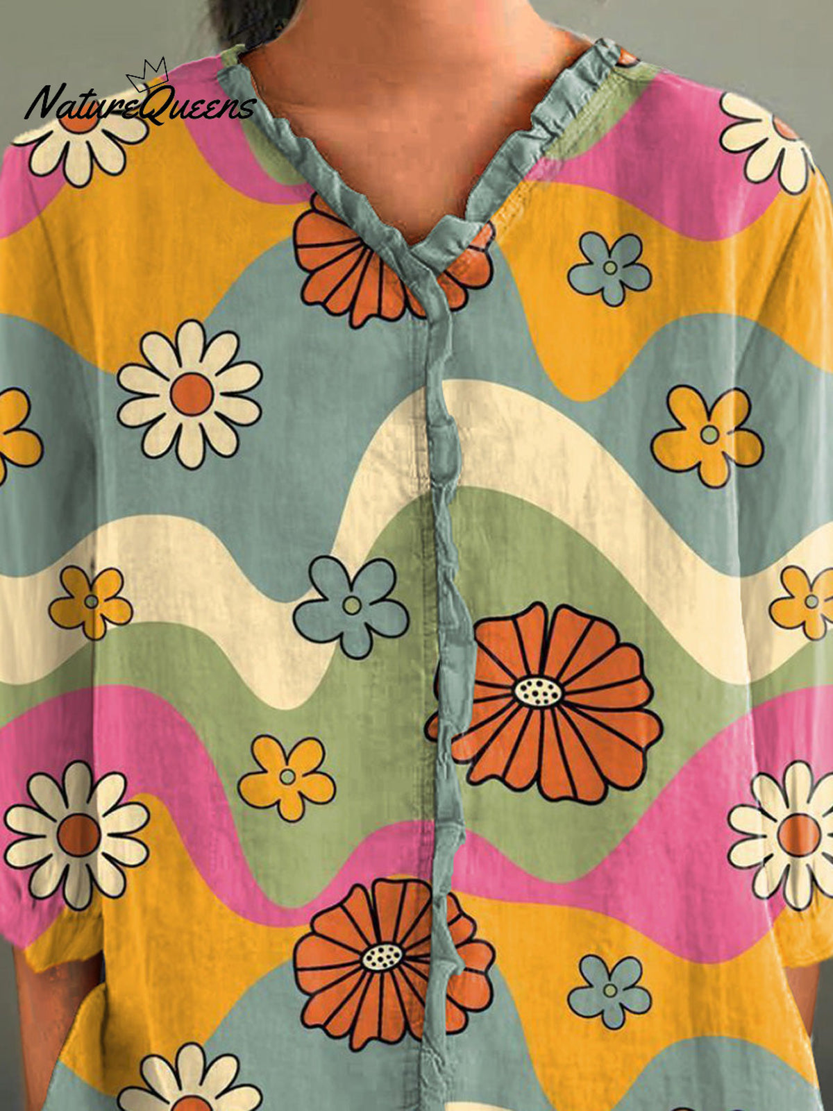 Lovely Summer Floral Pattern Printed Women's Casual Cotton And Linen 3/4 Sleeve Shirt