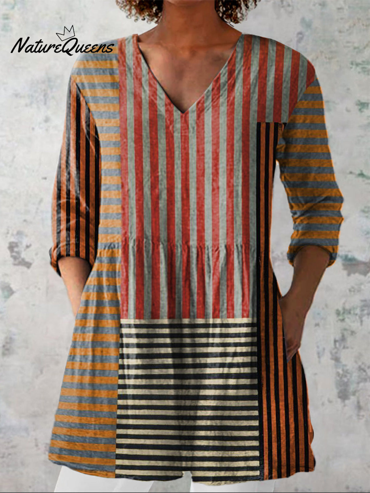 Strip Patchwork Pattern Printed Women's Casual Linen V-Neck Shirt