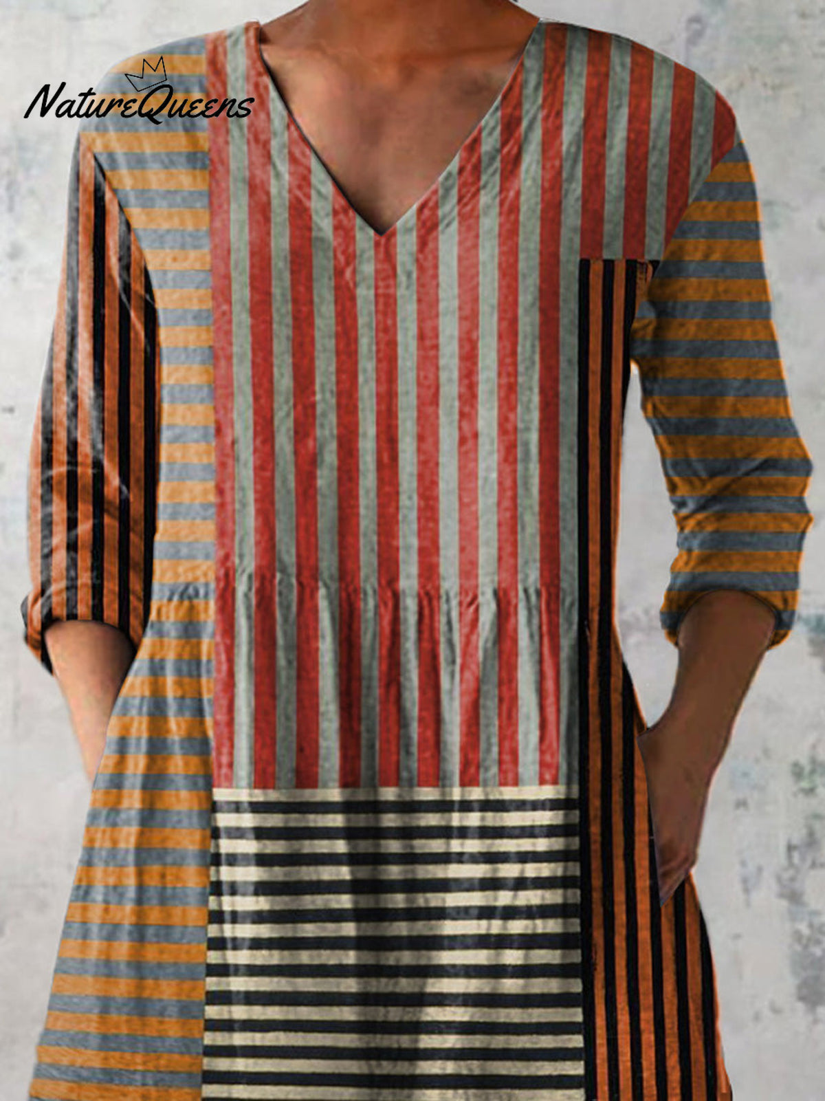 Strip Patchwork Pattern Printed Women's Casual Linen V-Neck Shirt