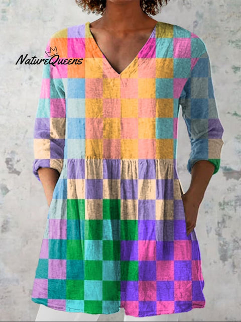 Colorful Geometric Check Pattern Printed Women's Casual Linen V-Neck Shirt