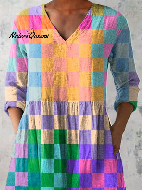 Colorful Geometric Check Pattern Printed Women's Casual Linen V-Neck Shirt