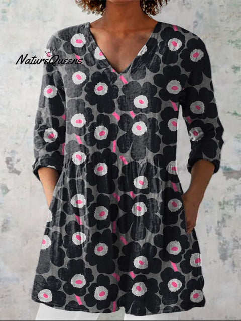 Lovely Floral Pattern Printed Women's Casual Linen V-Neck Shirt