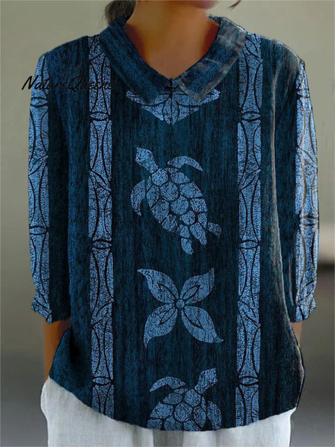 Tribal Style Sea Turtle Totem Art Printed Women's Casual Cotton And Linen 3/4 Sleeve Shirt