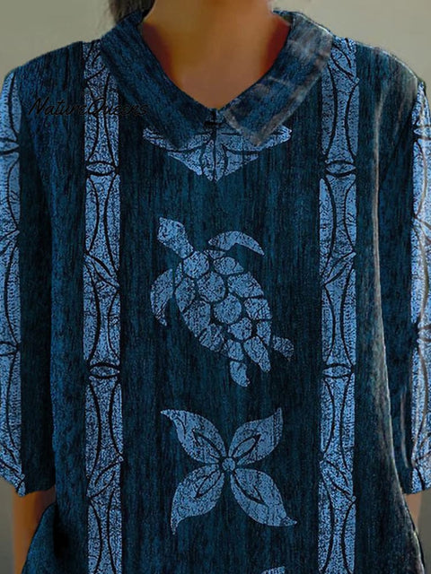 Tribal Style Sea Turtle Totem Art Printed Women's Casual Cotton And Linen 3/4 Sleeve Shirt