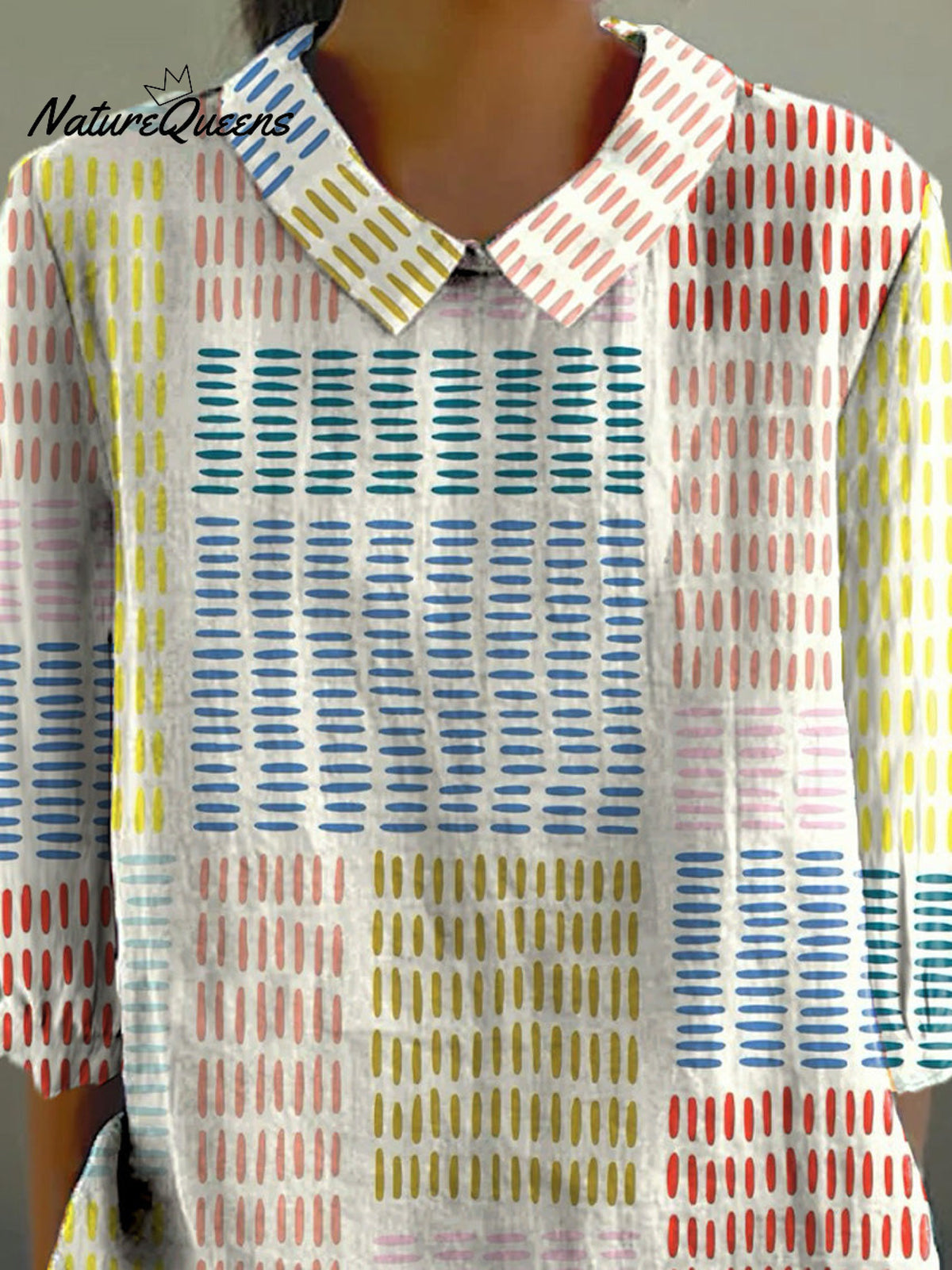 Multicolor Geometric Pattern Printed Women's Casual Cotton And Linen 3/4 Sleeve Shirt