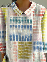 Multicolor Geometric Pattern Printed Women's Casual Cotton And Linen 3/4 Sleeve Shirt