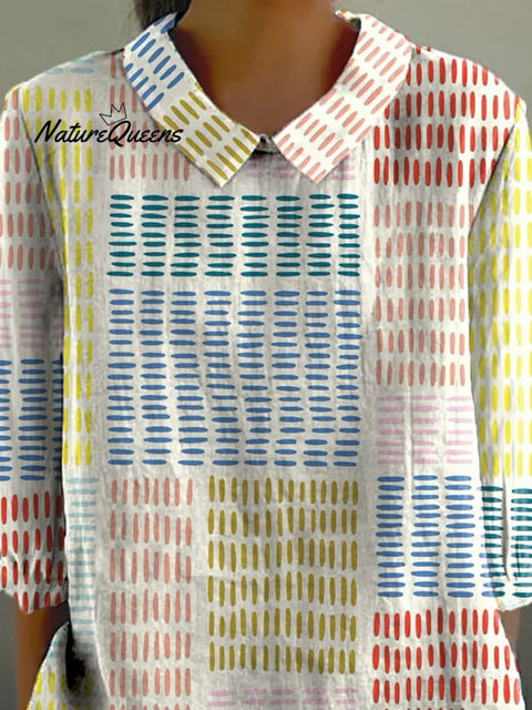 Multicolor Geometric Pattern Printed Women's Casual Cotton And Linen 3/4 Sleeve Shirt