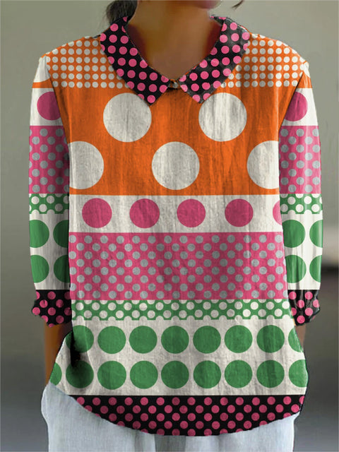 Geometric Polka Dot Pattern Printed Women's Casual Cotton And Linen 3/4 Sleeve Shirt