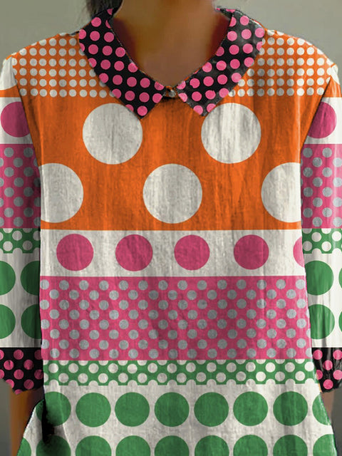 Geometric Polka Dot Pattern Printed Women's Casual Cotton And Linen 3/4 Sleeve Shirt