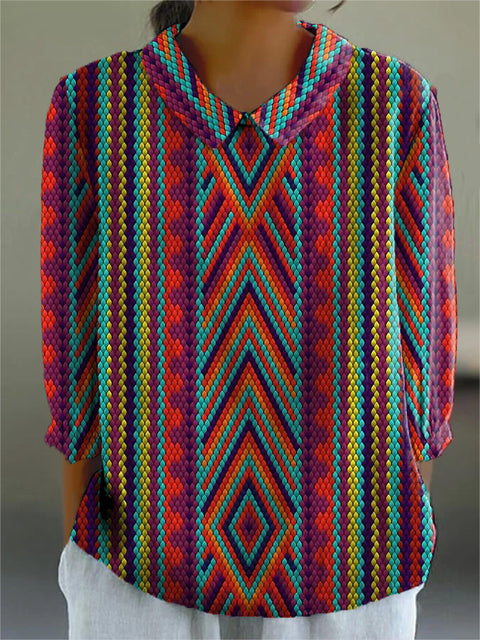 Multicolor Ethnic Pattern Printed Women's Casual Cotton And Linen 3/4 Sleeve Shirt