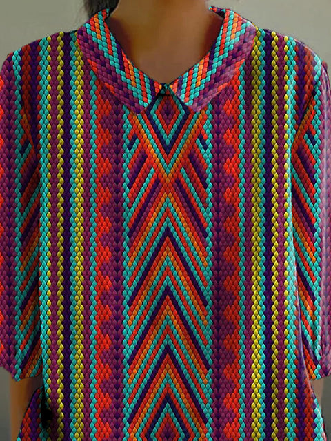 Multicolor Ethnic Pattern Printed Women's Casual Cotton And Linen 3/4 Sleeve Shirt