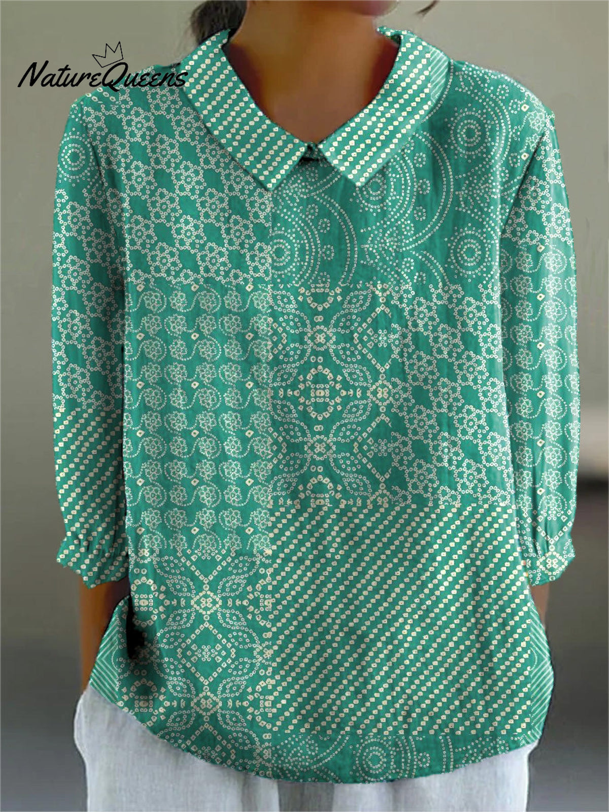Simple Ethnic Pattern Printed Women's Casual Cotton And Linen 3/4 Sleeve Shirt