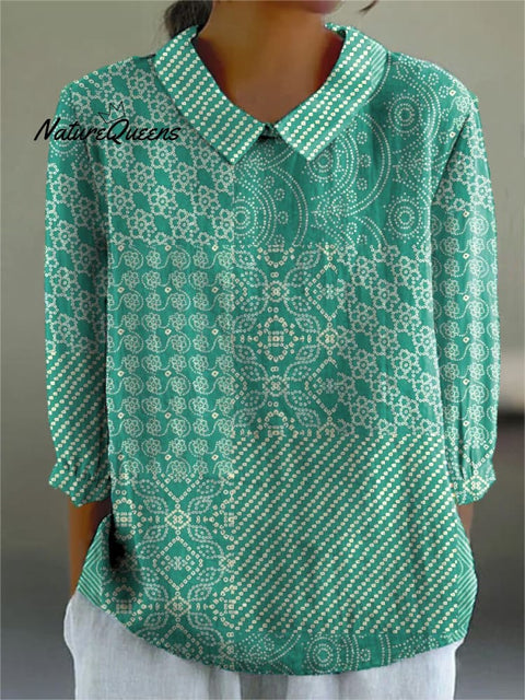 Simple Ethnic Pattern Printed Women's Casual Cotton And Linen 3/4 Sleeve Shirt