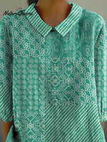 Simple Ethnic Pattern Printed Women's Casual Cotton And Linen 3/4 Sleeve Shirt