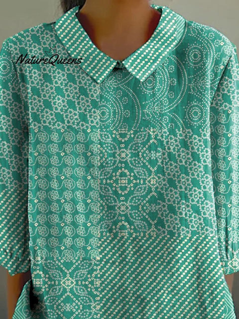 Simple Ethnic Pattern Printed Women's Casual Cotton And Linen 3/4 Sleeve Shirt