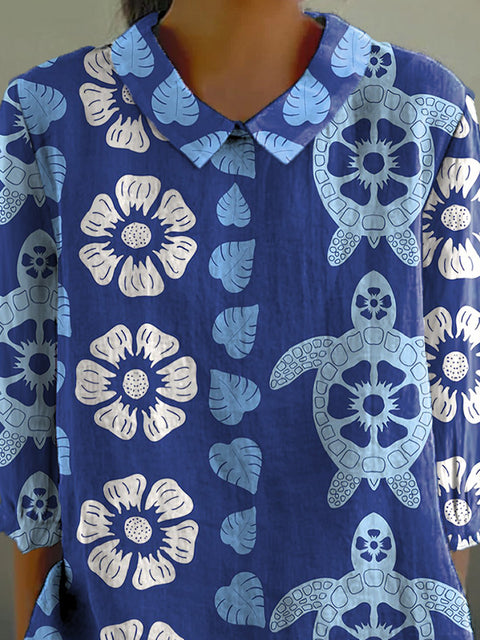 Summer Sea Turtle And Hibiscus Pattern Printed Women's Casual Cotton And Linen 3/4 Sleeve Shirt