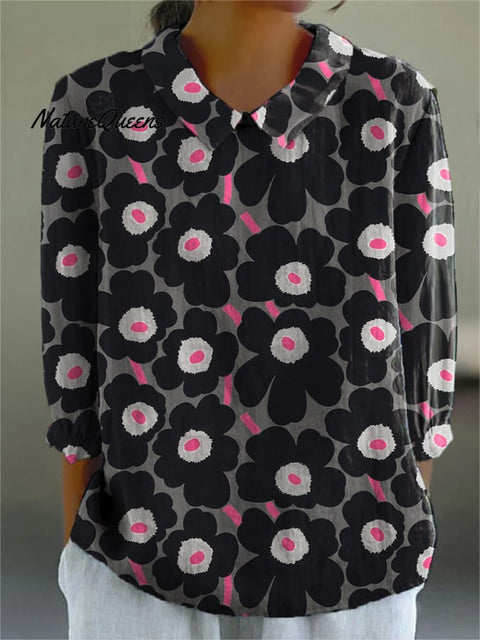 Lovely Floral Pattern Printed Women's Casual Cotton And Linen 3/4 Sleeve Shirt