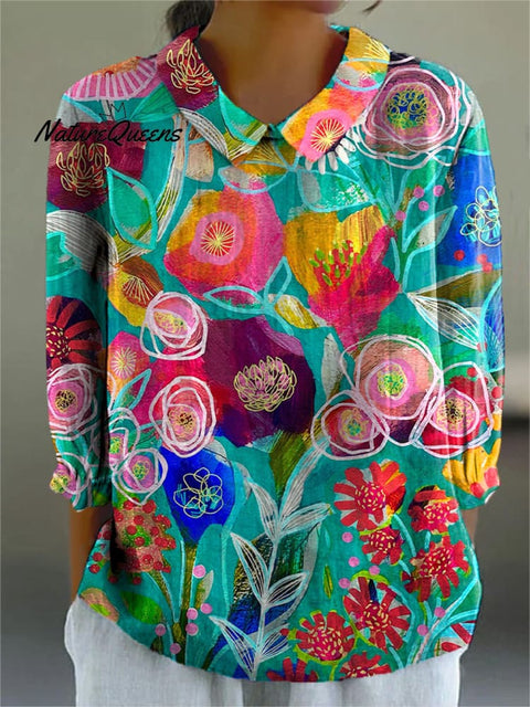 Oil Painting Summer Floral Art Printed Women's Casual Cotton And Linen 3/4 Sleeve Shirt